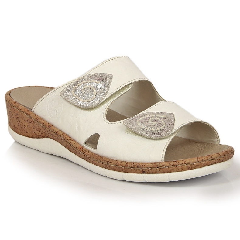 White Rieker V7151-80 zapatillas de estar por casa de piel para mujer con cuñas de velcro blanco