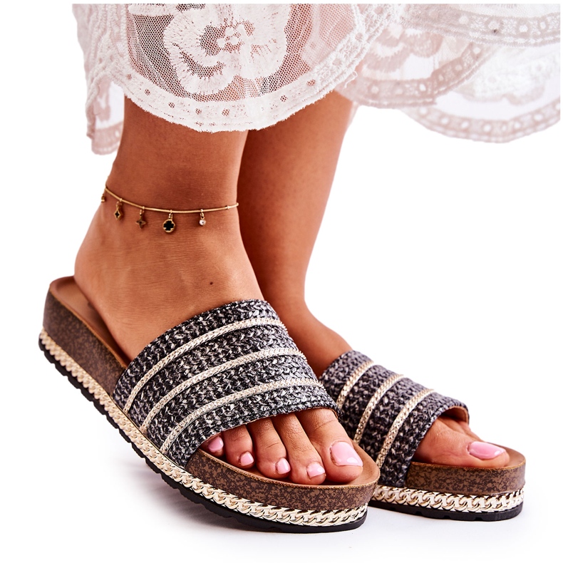 S.Barski Pantuflas Clásicas De Mujer Con Cadena Black Maddy negro