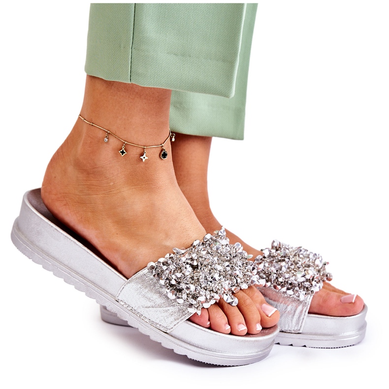 PG1 Pantuflas De Mujer En La Plataforma Con Adornos De Almina Plateada