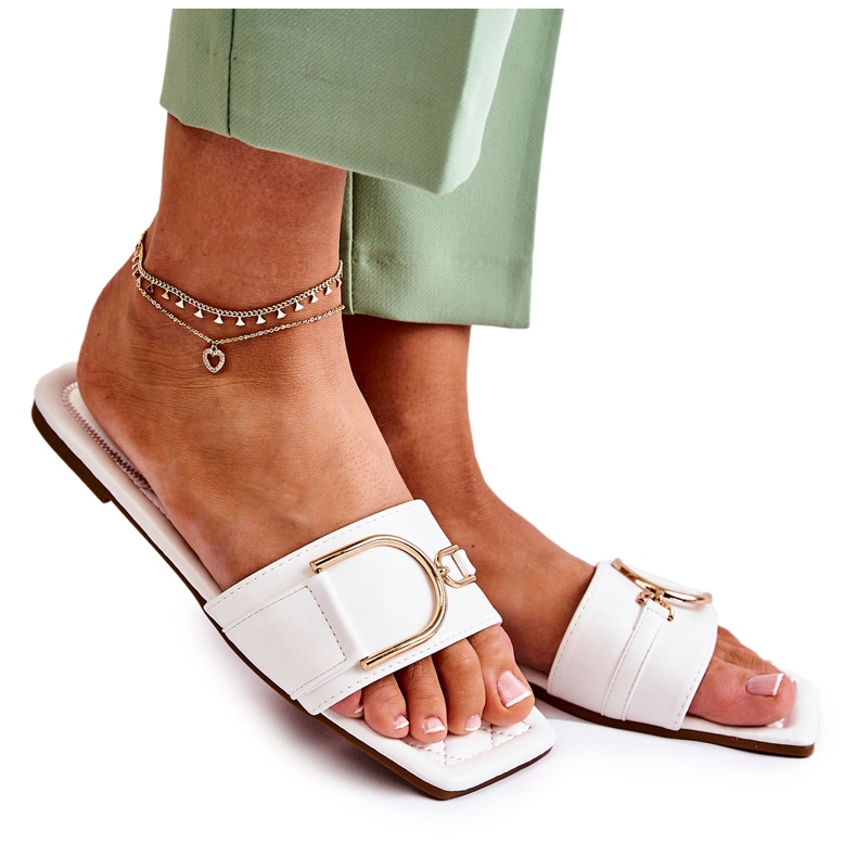 PG2 Pantuflas Clásicas De Mujer En Piel Con Adorno Shilla Blanco dorado
