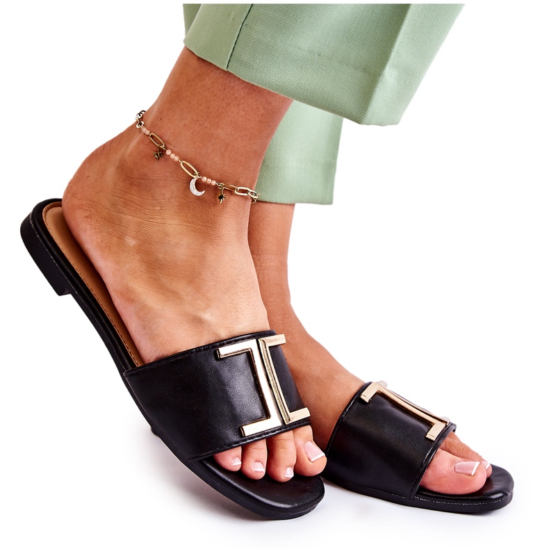 PG1 Slippers De Mujer Clásicas De Piel Con Adorno Maren Negro