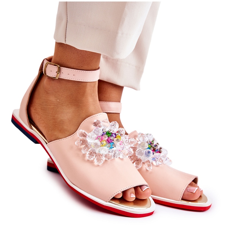 Sandalias De Mujer De Piel Con Adorno Nevassa Rosa Brillante rosado