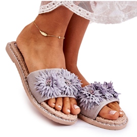 WJ1 Pantuflas De Mujer Con Flores De Tela Gris Susana