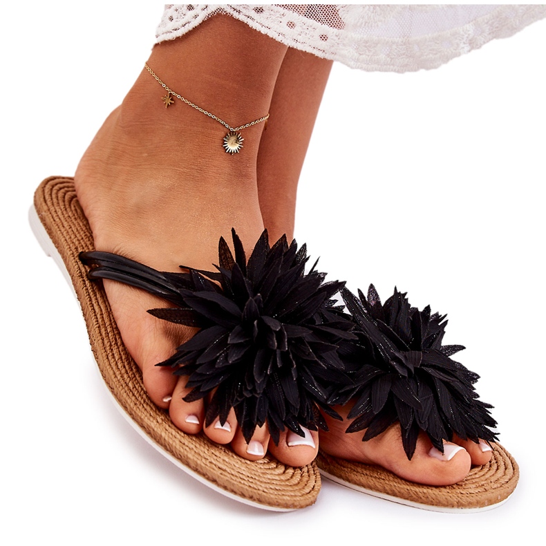WJ1 Chanclas De Mujer Con Adorno De Tela Negro Eviana