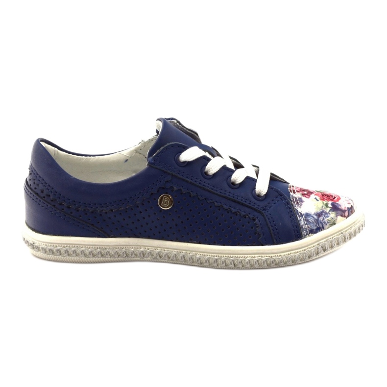 Zapatos de cuero azul marino de chicas con flores 85524 Bartek