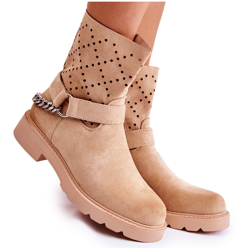 Botines Calados Con Cremallera Cadena Chantelle Beige