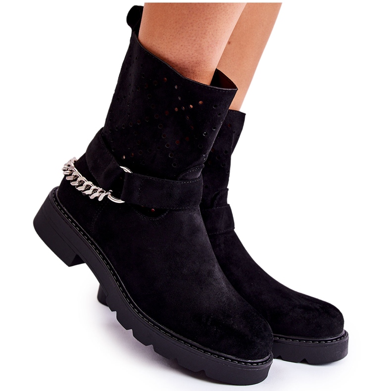 Botines Calados Con Cremallera Con Cadena Chantelle Negro