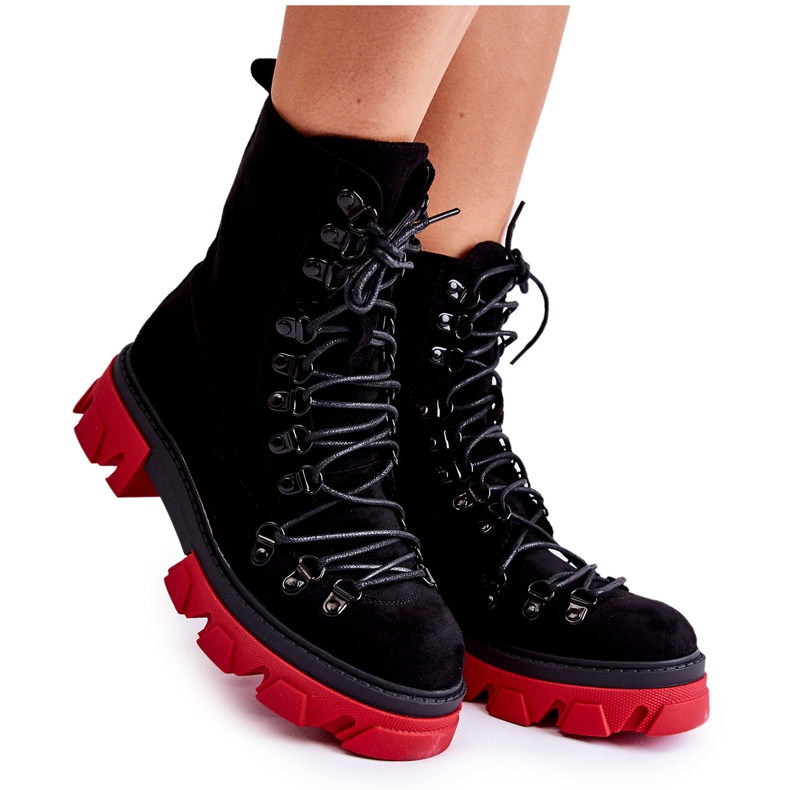 Botas Worker Gamuza Cálida Atadas Pierro Negro y Rojo