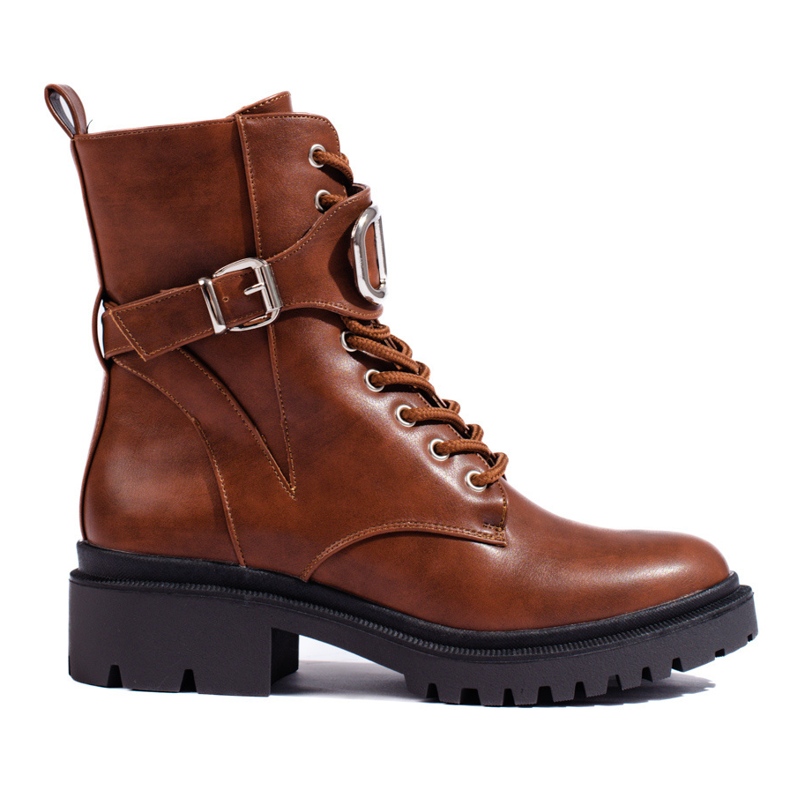 Botas de trabajo de mujer marrones con cordones y hebilla decorativa marrón