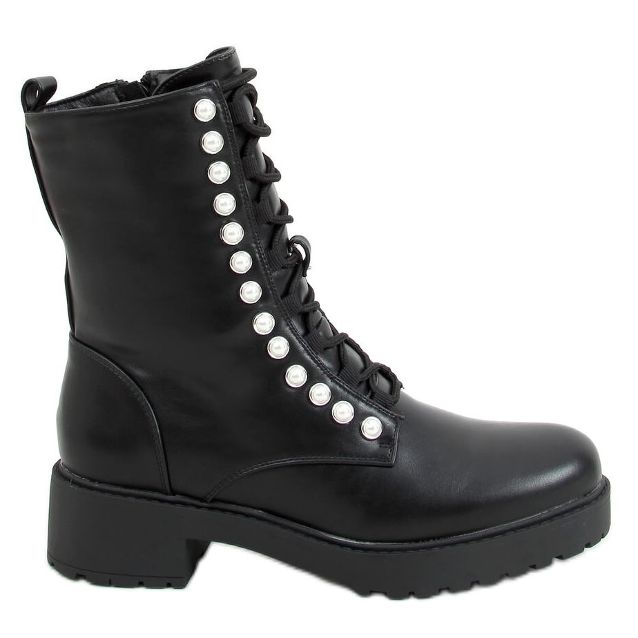 Botines Negros Botas Militares Mujer Perlas Botas Militares Con