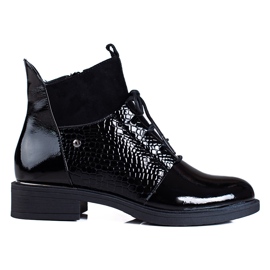 Botines Vinceza de mujer con cordones y tacón plano negro