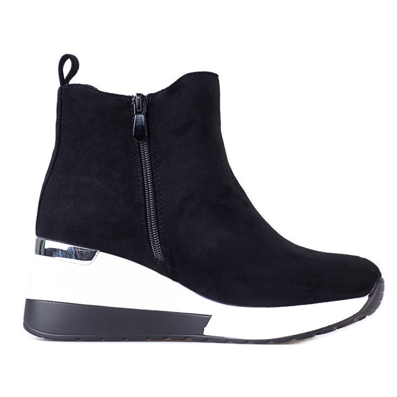 Botines deportivos de mujer con cuña Shelovet, fabricados en ante ecológico negro Botines deportivos de mujer con cuña Shelovet, fabricados en ante ecológico negro