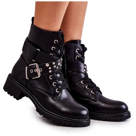PG1 Botines Lanelly de ecopiel negra con cinturón y tachuelas negro