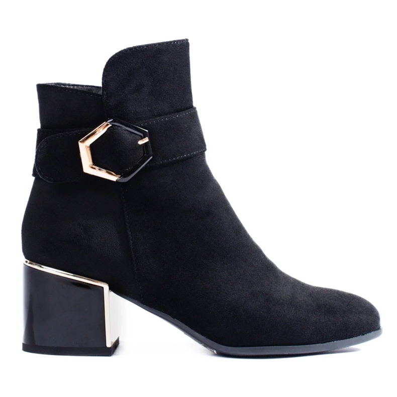 Elegantes botines de mujer de tacón bajo fabricados en ante ecológico. negro