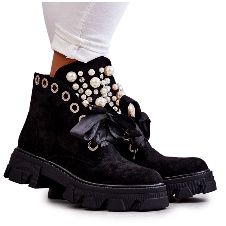 Botas Cálidas De Ante Roco Negro Con Perlas