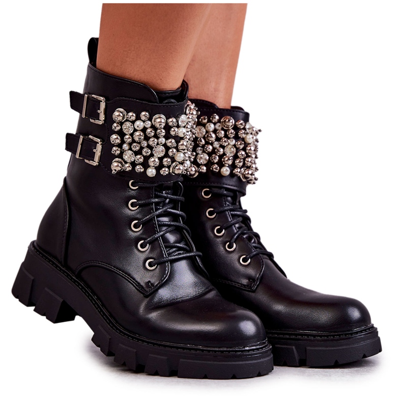 PG1 Botines De Mujer Con Adornos Atados Negro Leonés PG1 Botines De Mujer Con Adornos Atados Negro Leonés