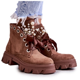 PS1 Botas Cálidas De Ante Roco Marrón Con Perlas