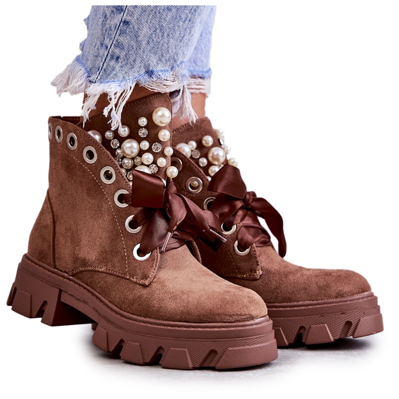 PS1 Botas Cálidas De Ante Roco Marrón Con Perlas