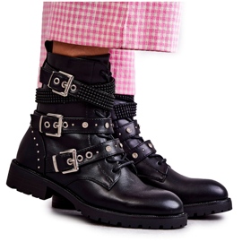 PG1 Botas De Mujer De Piel Con Rayas Decorativas Negras Russo negro