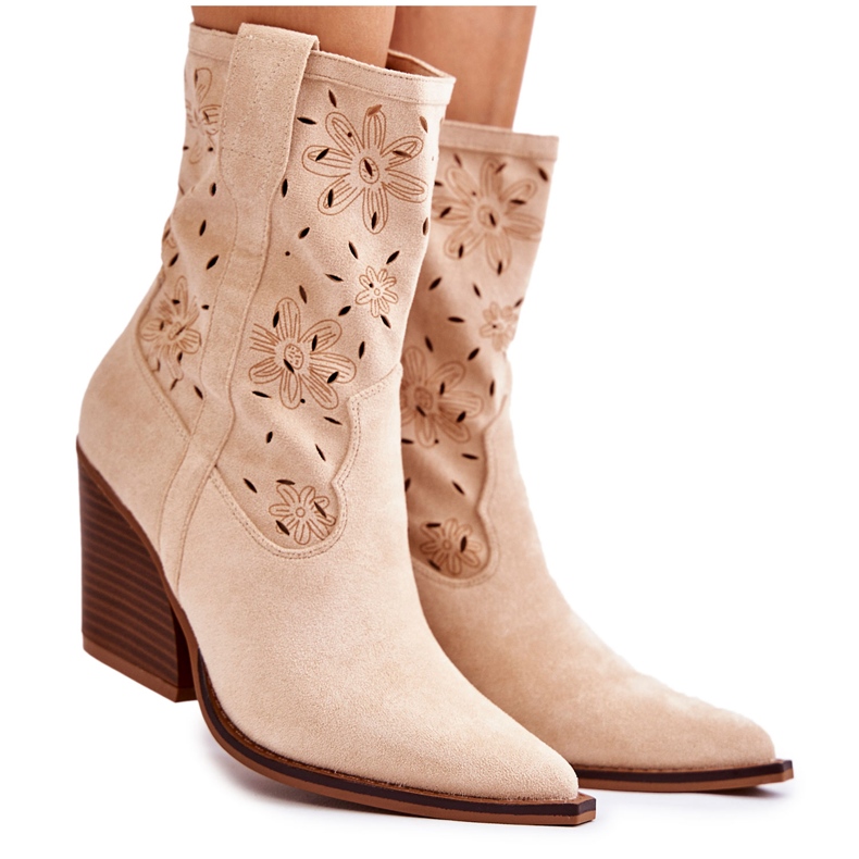 FB1 Botas Vaqueras De Gamuza De Moda Con Flores Coralie Beige