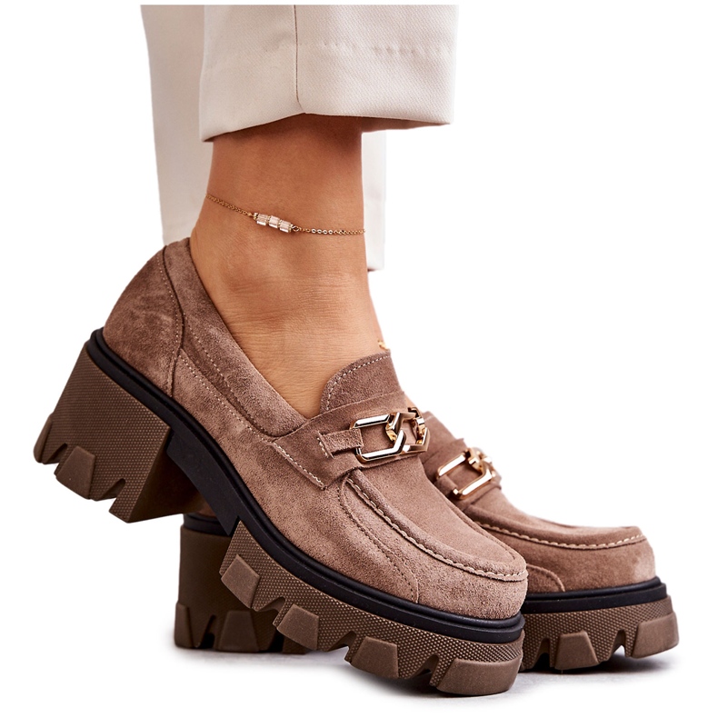 PL5 Zapatos De Tacón Alto De Ante Con Adorno Lurdes Marrón Dorado beige