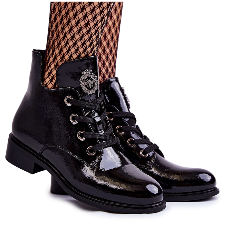 S.Barski Botines Lacados Negro Cálido Cordones Enrica