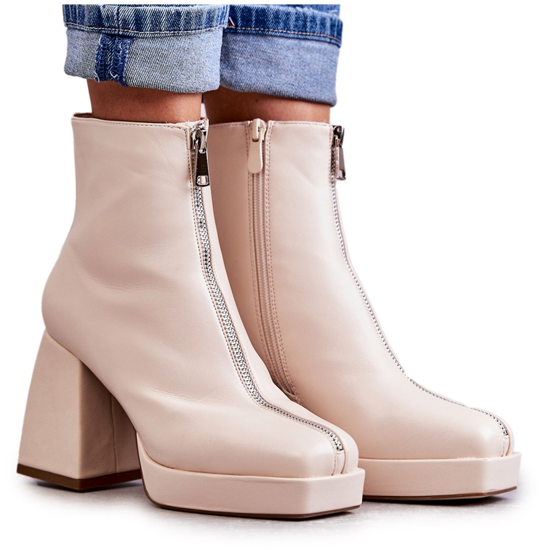Botas De Mujer De Tacón Grueso Con Cremallera Beige Carrera