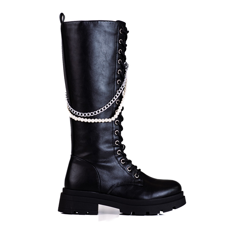 Botas de cordones para mujer con perlas Shelovet negro