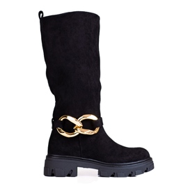 Botas negras de mujer con cadena Shelovet fabricadas en ante ecológico negro