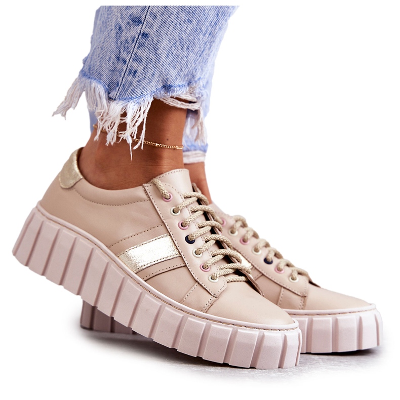 PA2 Deportivas Mujer Piel Atadas Beige-Oro Ariva marrón