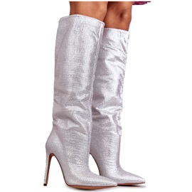 Botas plateadas de tacón alto de moda con circonitas cúbicas plata