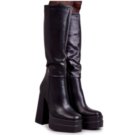 WS1 Botas de cuero ecológico de moda con tacones gruesos Black Meggie negro