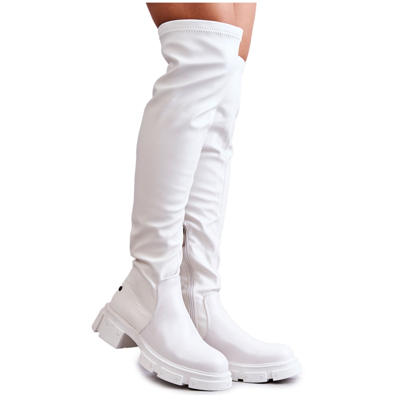 Botas De Piel Sobre La Rodilla Tacón Plano GOE KK2N4022 Blanco