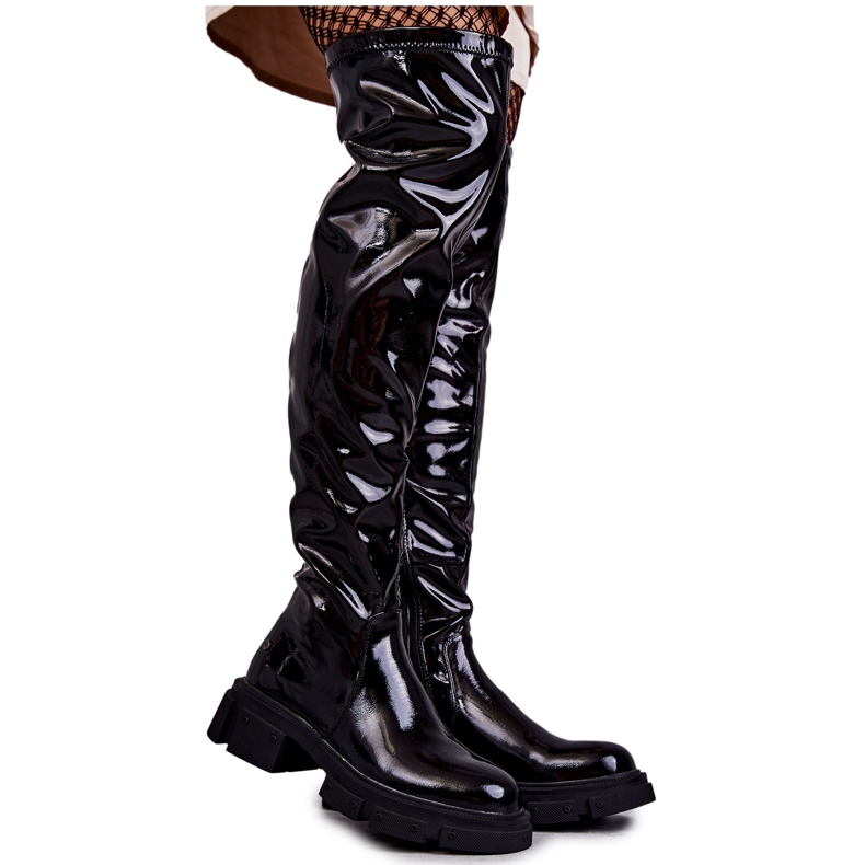 GOE Patente KK2N4023 Botas negras sobre la rodilla con tacón plano negro GOE Patente KK2N4023 Botas negras sobre la rodilla con tacón plano negro