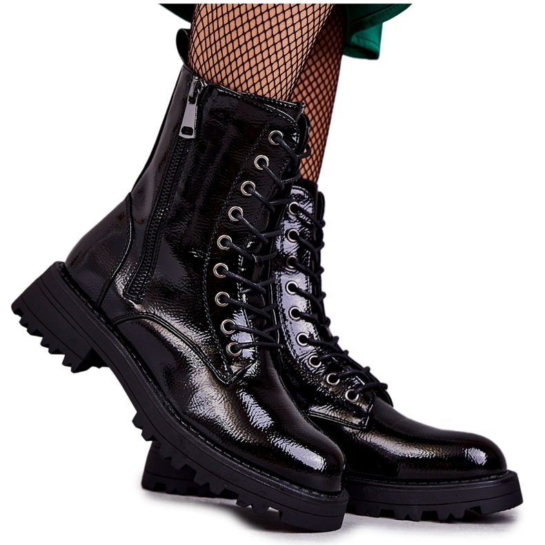 Botines De Piel Tacón Plano Negro Estela