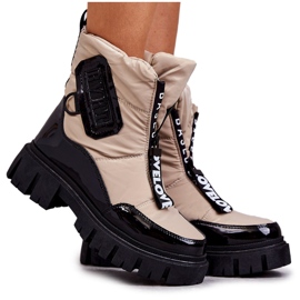 PM1 Botas De Nieve Cálidas De Mujer Beige Y Negro Con Cremallera Marit