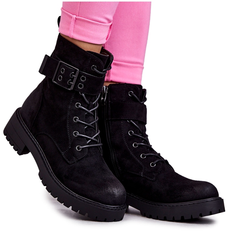 Botas Mujer Ante Cordones Tacón Plano Negro Firmina