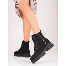 Botines de mujer con cordones y parte superior decorativa negro