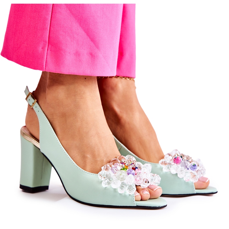 Sandalias De Bombas De Cuero De Moda Con Decoración Verde Meriss 1450-0