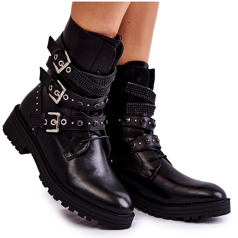PG1 Botas Calientes De Mujer Con Tiras Liso Negro Lambert