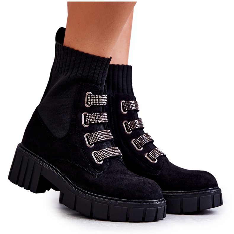 Seastar Botas tipo calcetín sin cordones de ante negro con pedrería Seastar Botas tipo calcetín sin cordones de ante negro con pedrería