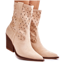 FB1 Bota cowboy de moda antelina con flores beige Coralie B-818