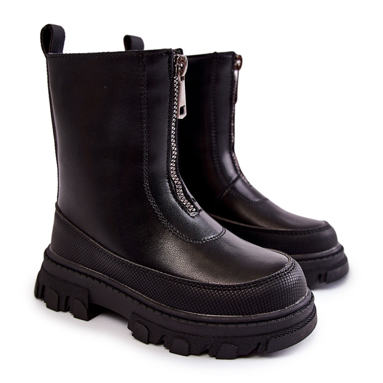 FR1 Botas altas de cuero de moda con cremallera Daffy negra negro
