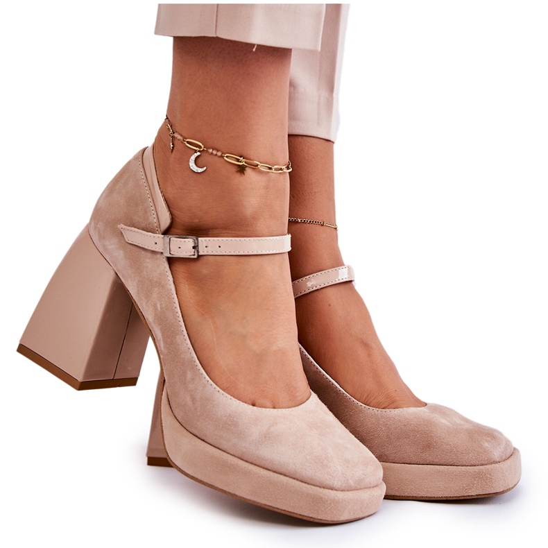 PA2 Zapatos De Salón De Ante Con Tacón Grueso Beige Tina