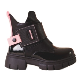 Botines de niña de charol negro con inserciones de Shelovet rosa