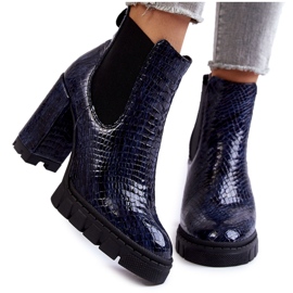 Botines de charol con estampado de serpiente y tacón alto, azul marino