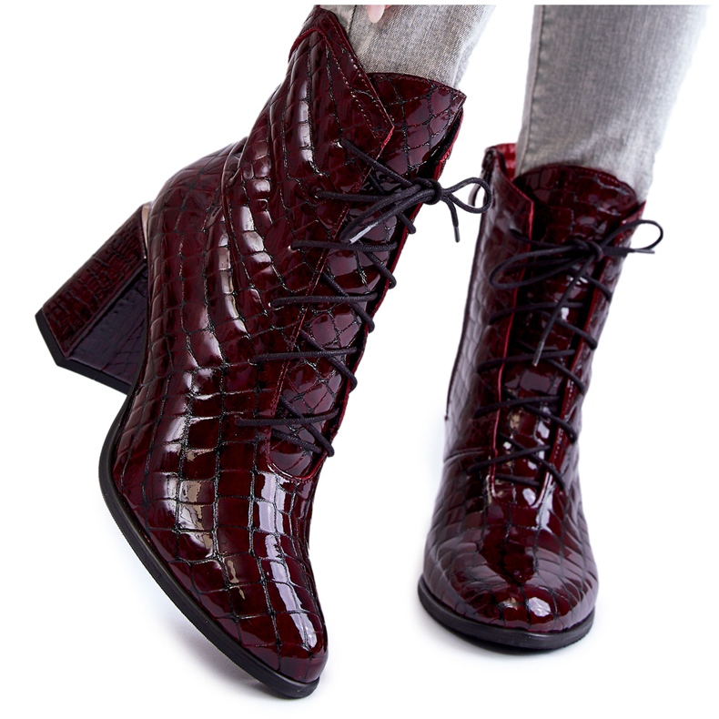 PA2 Botas De Mujer Lacadas Con Tacón De Cocodrilo Burdeos Alva rojo
