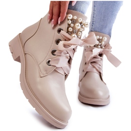 FB2 Botas de piel con aislamiento y cremallera con perlas Raiso Beige