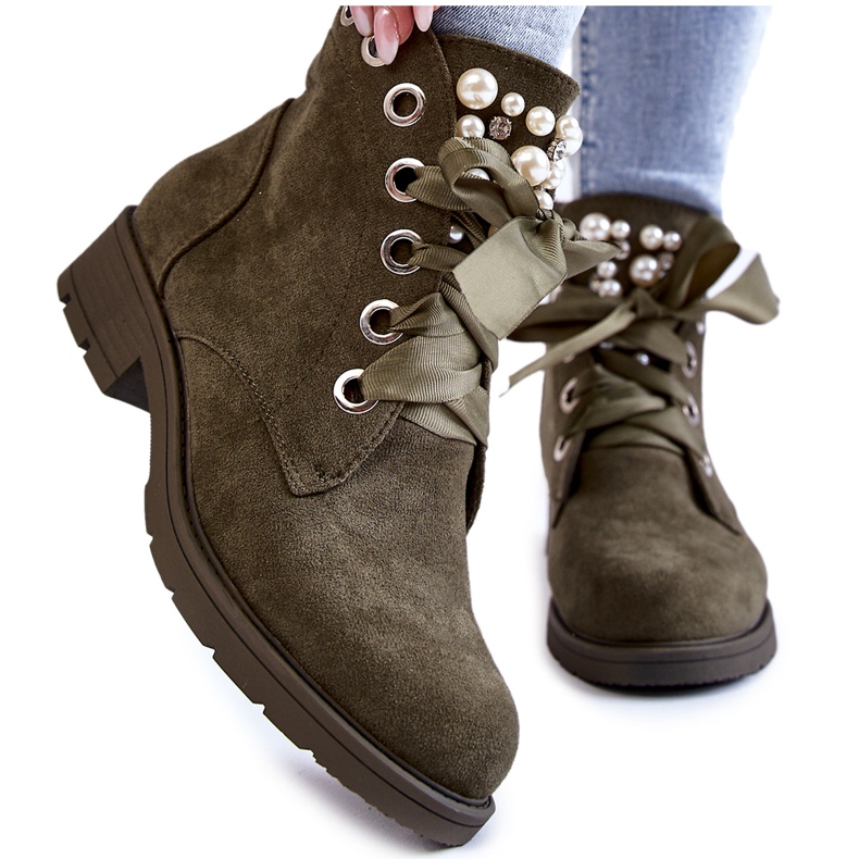 Botas De Ante Con Cremallera Aislante Y Perlas, Perla Verde