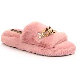 Zapatillas para mujeres pelos de pelaje con una cadena rosa rosado